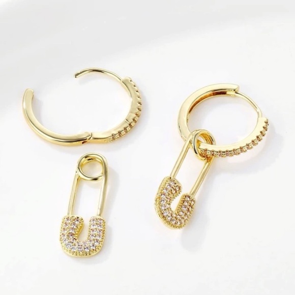 Gold 16K Versatile Rhinestone Accent Safety Pin Earrings - Picture 2 of 3